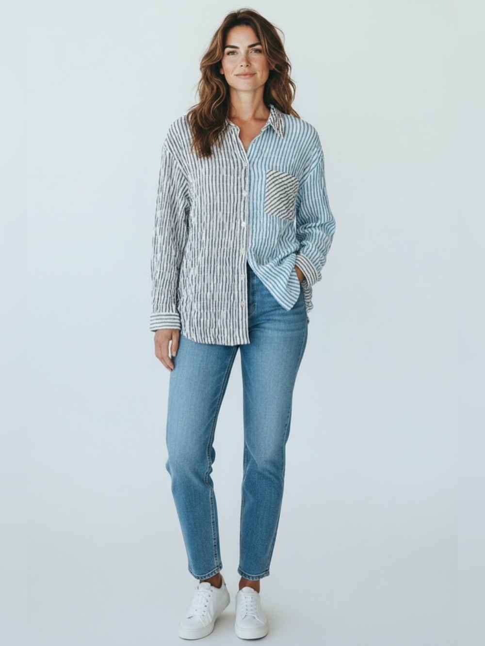 Finley Two Toned Button Front Crinkle Top // Blue & Gray // Large